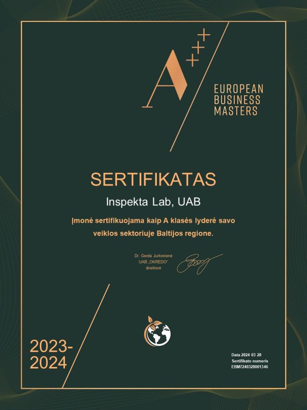 Džiaugiamės, kad esame įvertinti gaudami “Įmonė sertifikuojama kaip A klasės lyderė savo veiklos sektoriuje Baltijos regione” sertifikatą, kuris patvirtina, kad mūsų įmonė yra stabili, patikima rinkoje.